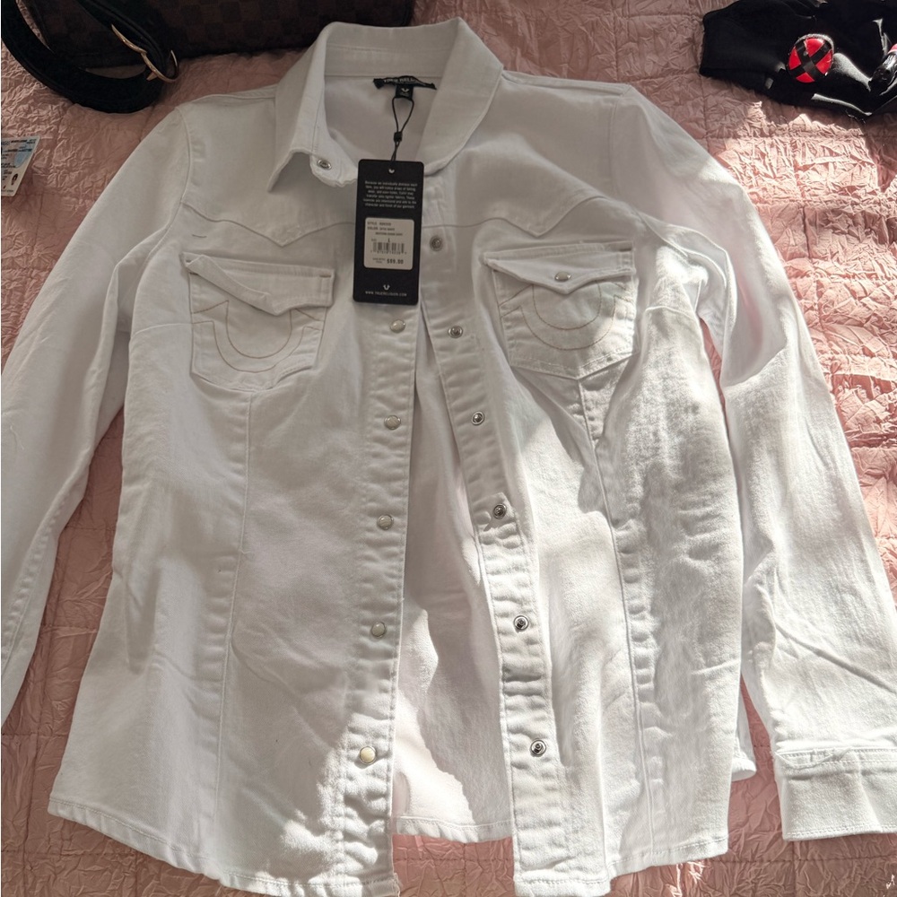 True Religion White Western Denim Shirt Size L New With Tags